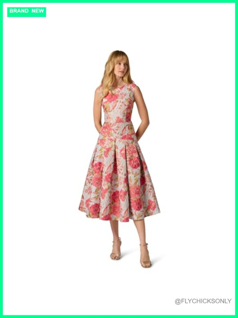 Floral Jacquard Midi Dress Drop Waist Pleated Fit & Flare Formal